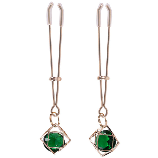 Indica Crystal Nipple Clips by Sex & Mischief - Adjustable Emerald & Gold Luxury