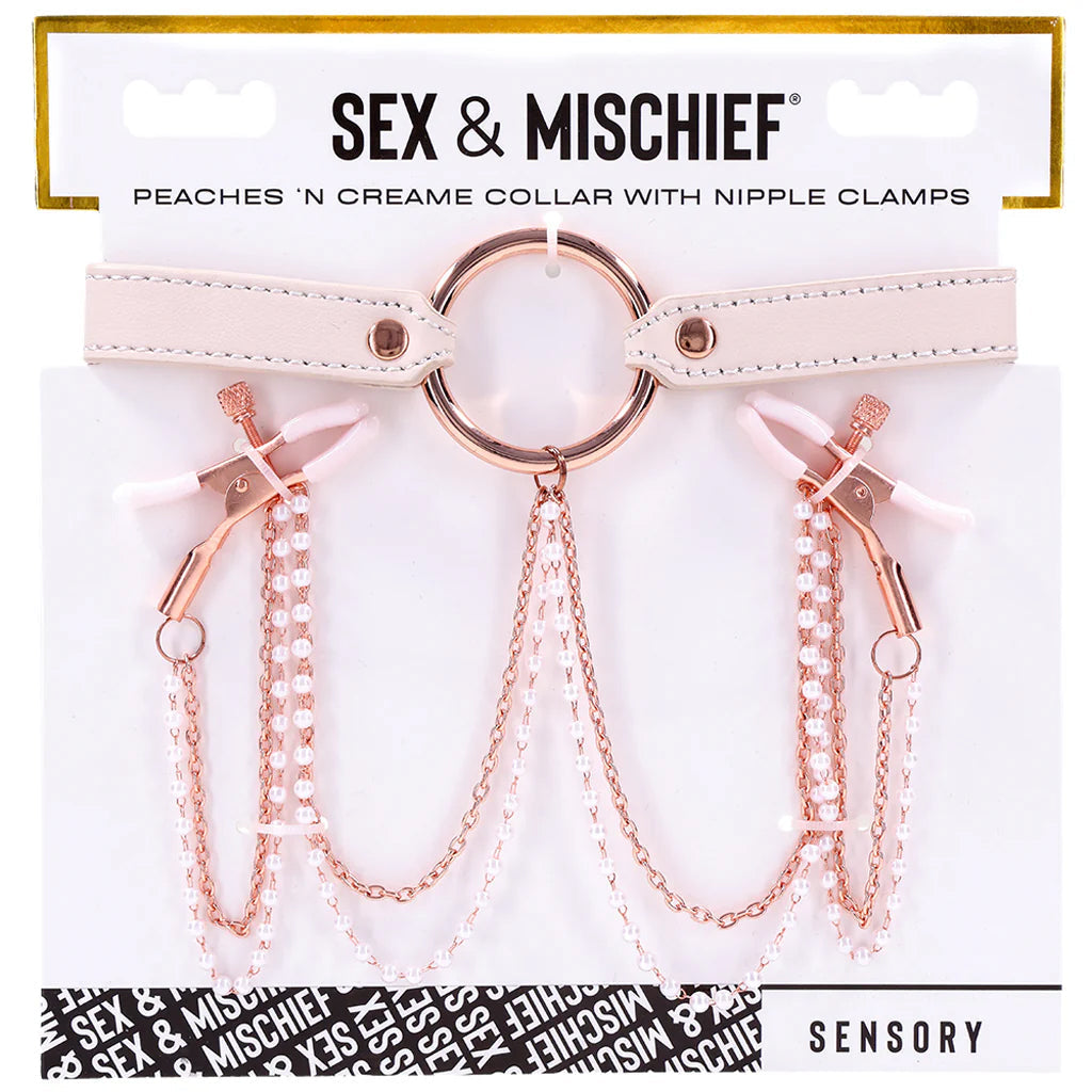 Seductive Peaches 'n CreaMe Vegan Leather Collar & Rose-Gold Nipple Clamps