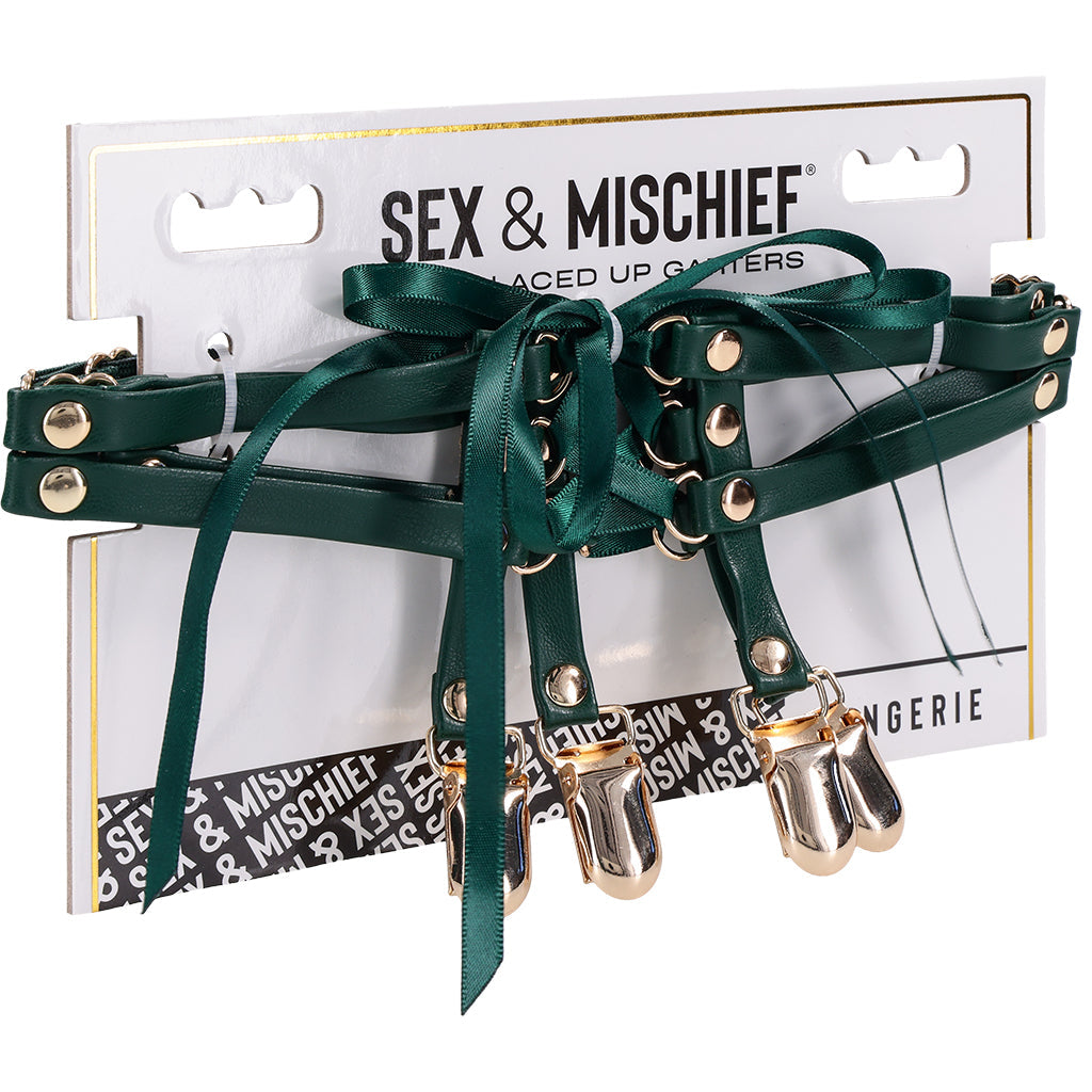 Sex & Mischief Indica Emerald Lace-Up Garters - Seductive Faux Leather Thigh Accessory