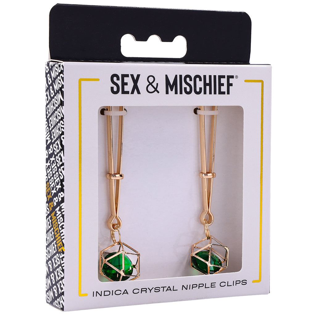 Indica Crystal Nipple Clips by Sex & Mischief - Adjustable Emerald & Gold Luxury