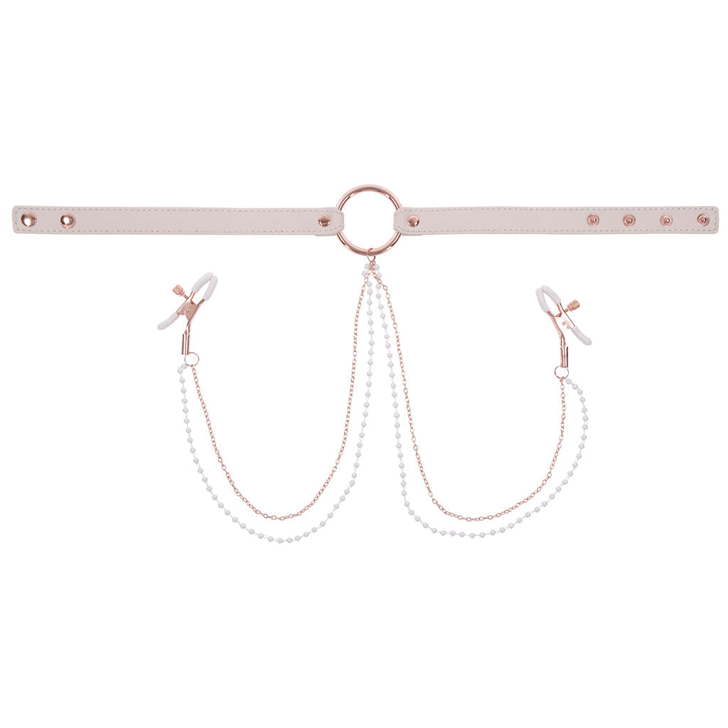 Seductive Peaches 'n CreaMe Vegan Leather Collar & Rose-Gold Nipple Clamps
