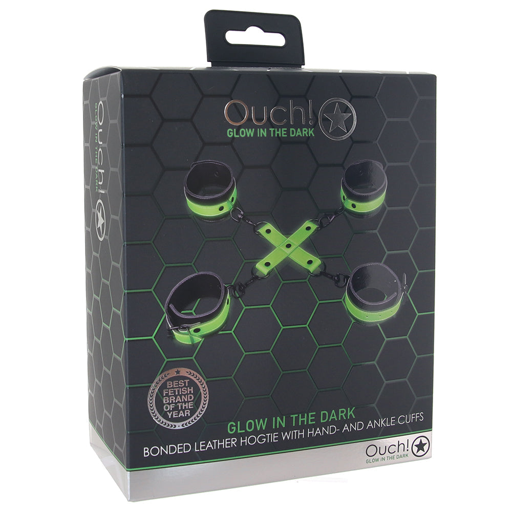 Ouch! Nocturnal Embrace: Glow-in-the-Dark Leather Cuffs & Hogtie Bondage Set