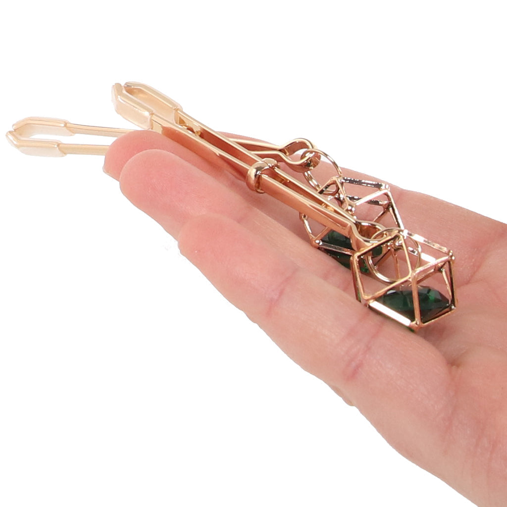 Indica Crystal Nipple Clips by Sex & Mischief - Adjustable Emerald & Gold Luxury