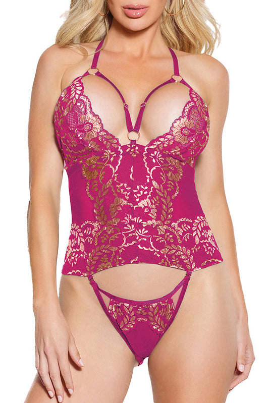 Pink Pussycat: Luxurious Pink & Gold Trimmed Cami Lingerie Set with Attached G-String