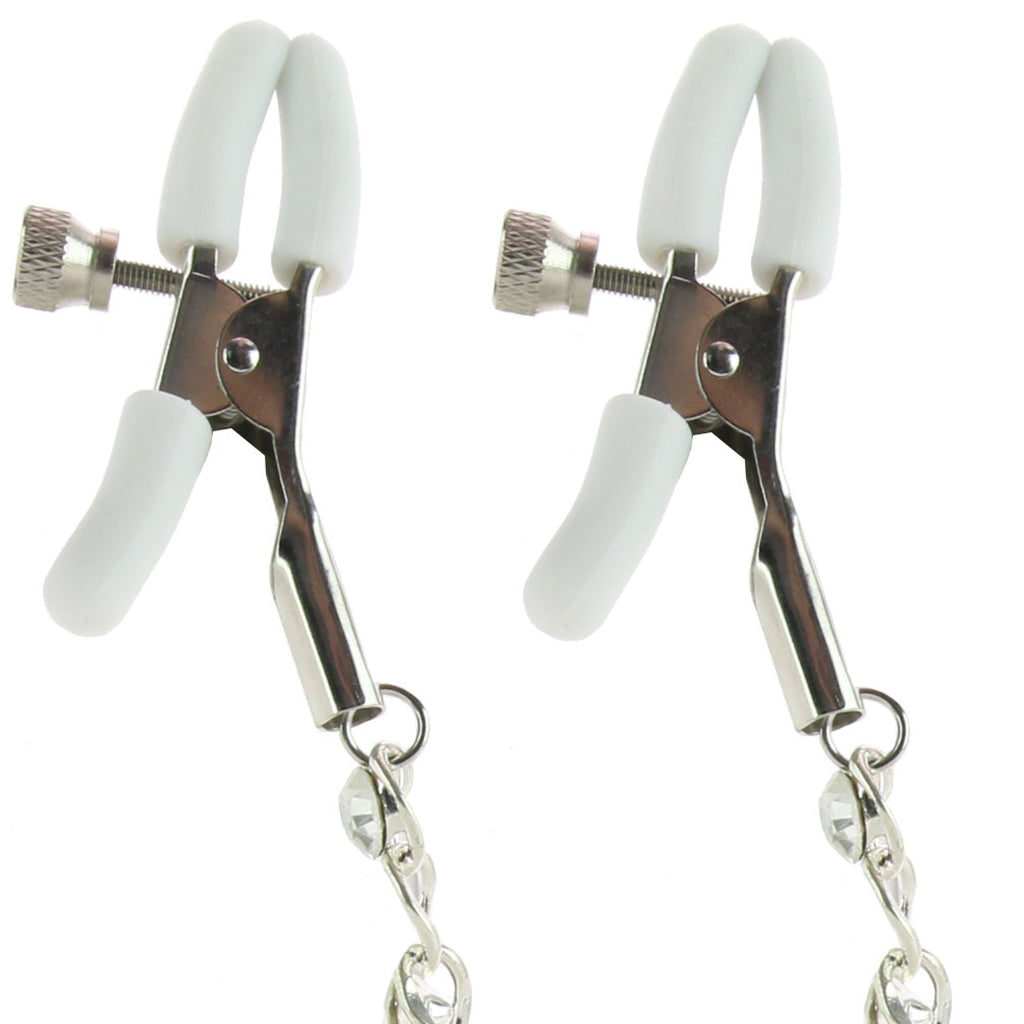 White Crystal Chain Nipple Clamps: Opulent Rhinestone Fetish Play for Intense Stimulation