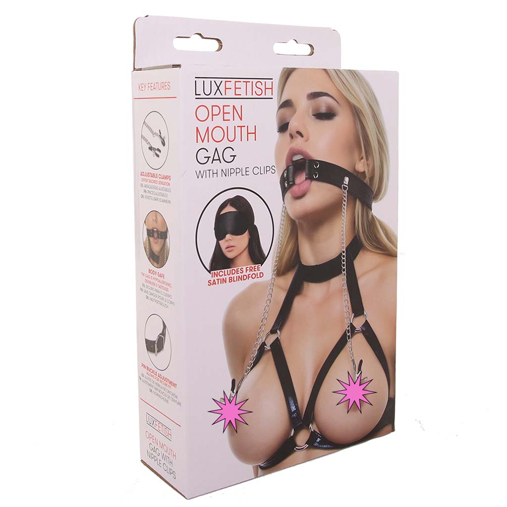 Lux Fetish | Open Mouth Ring Gag with Adjustable Nipple Clips