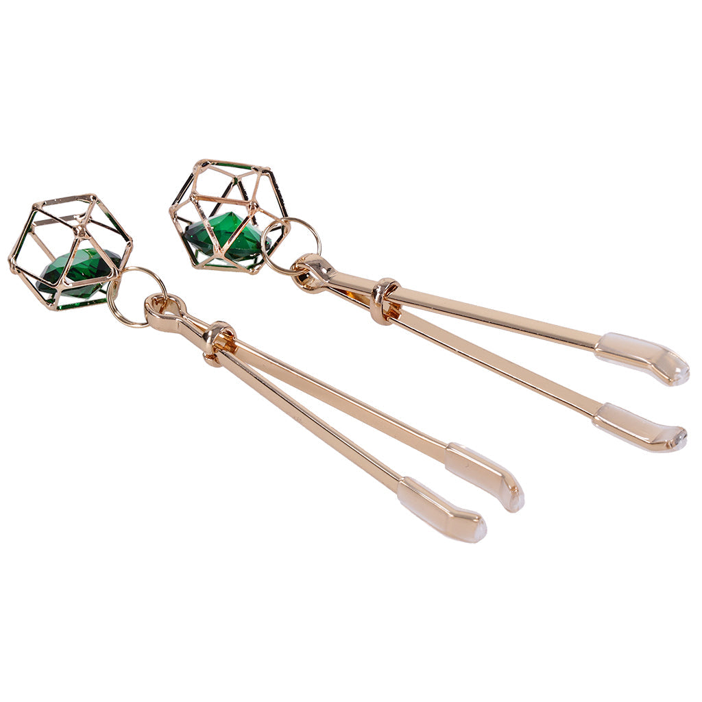 Indica Crystal Nipple Clips by Sex & Mischief - Adjustable Emerald & Gold Luxury