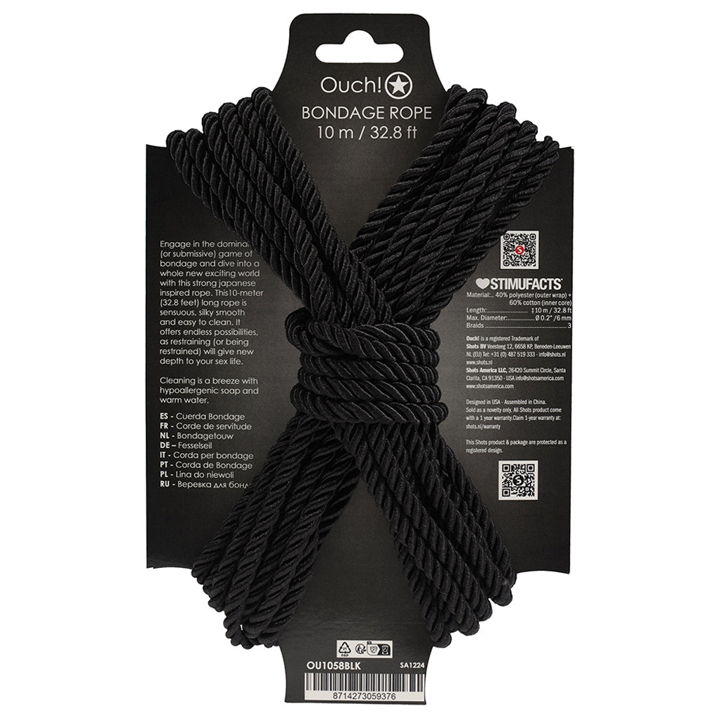 Ouch! Luxury Black Bondage Rope - 32.8ft (10m) - Soft, Strong & Seductive Play