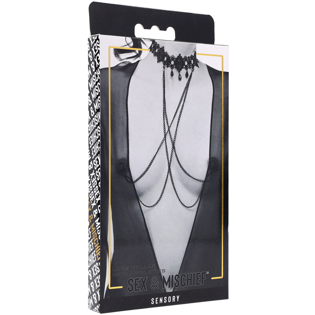 Sex & Mischief: Obsidian Lace Collar with Detachable Nipple Ties – Erotic Elegance