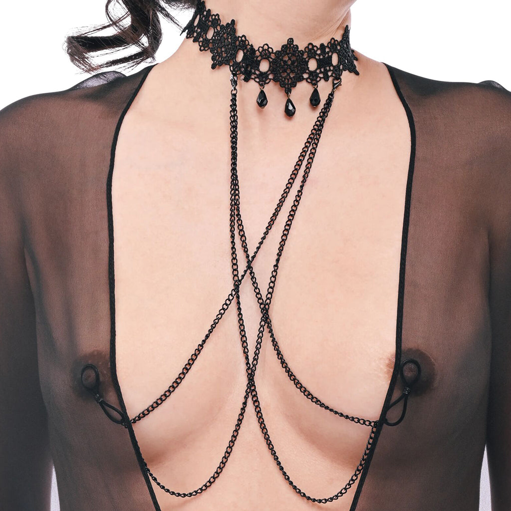 Seductive Lace & Gemstone Collar with Detachable Nipple Ties | Sex & Mischief
