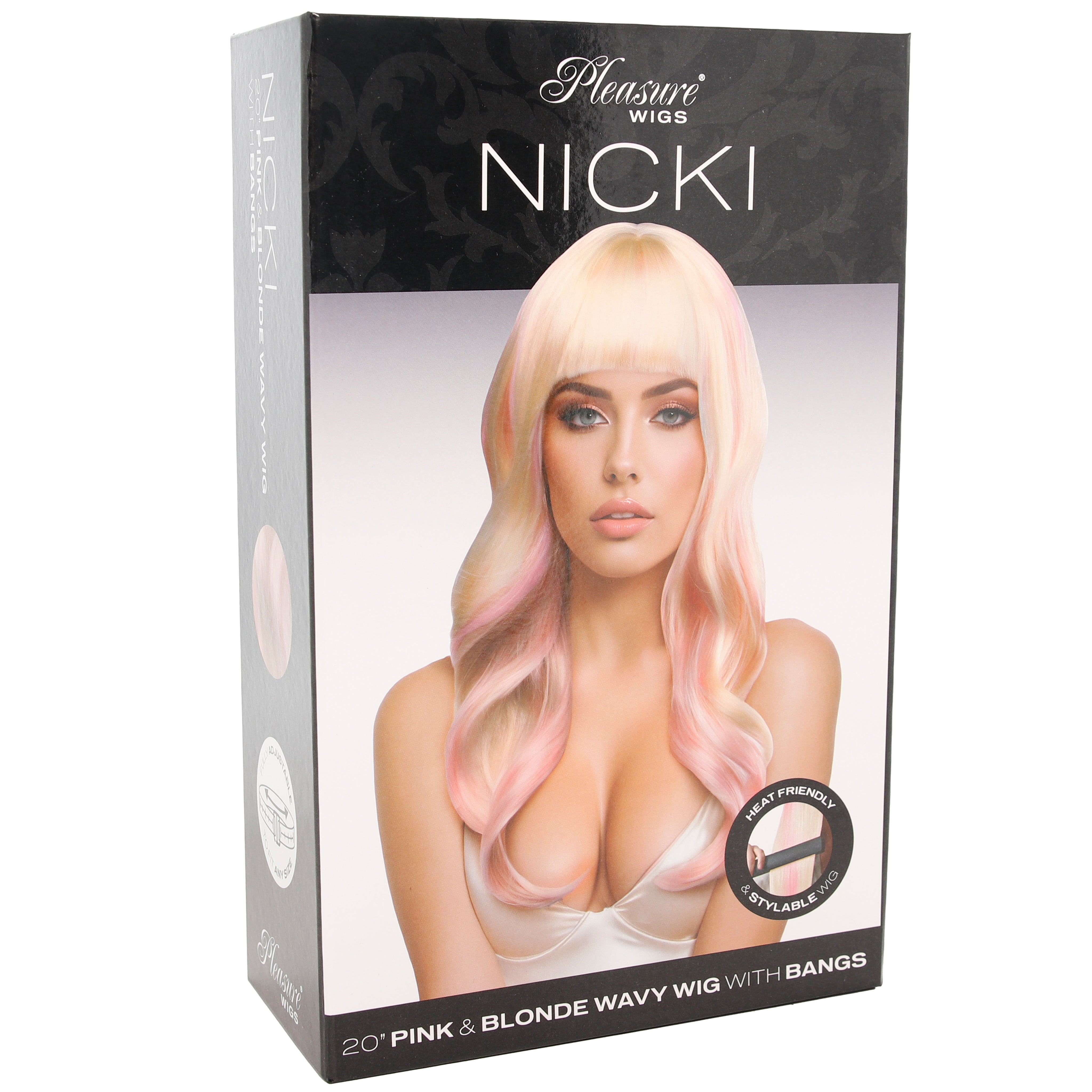 Nicki Wavy Wig with Bangs in Platinum Blonde & Pink