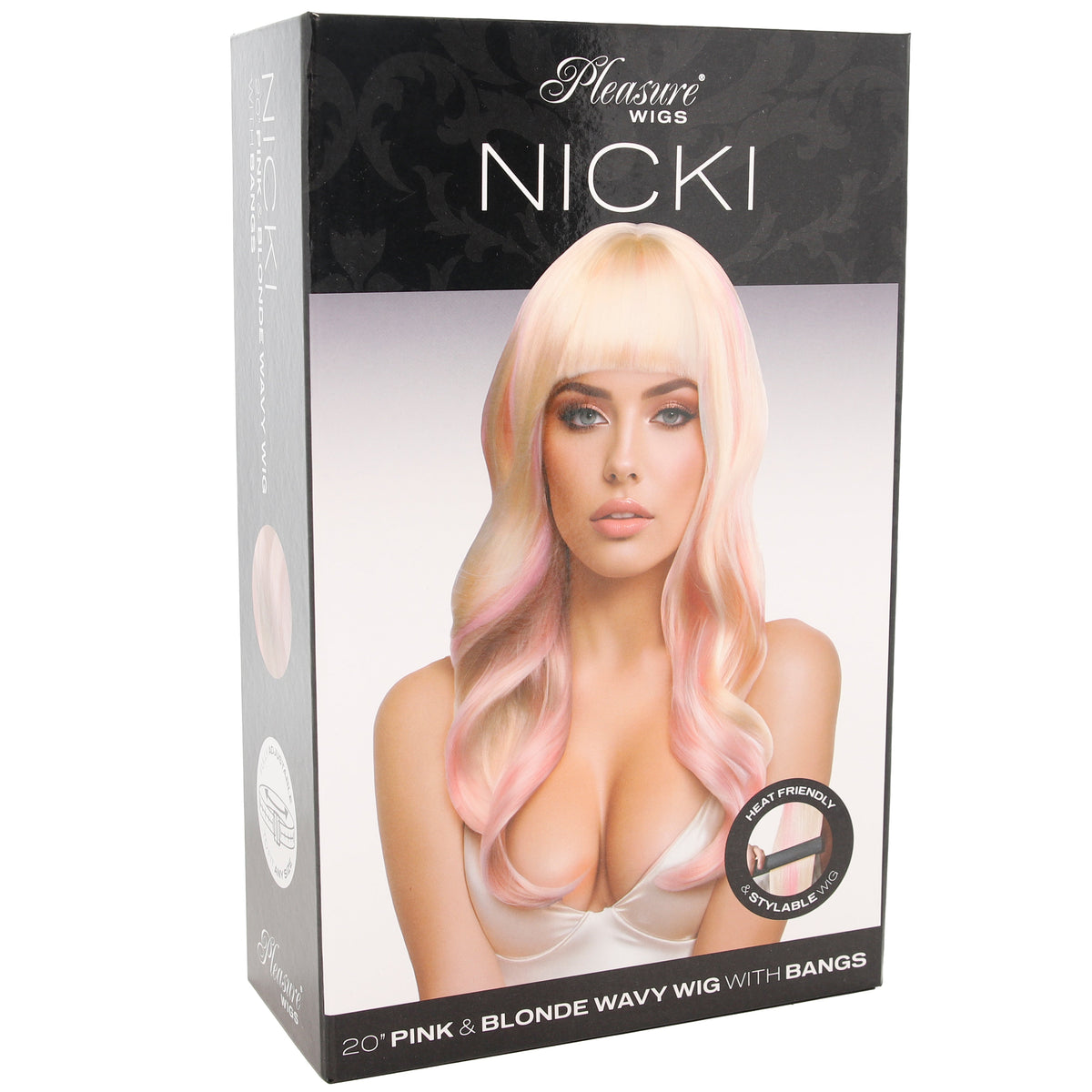 Nicki Wavy Wig with Bangs in Platinum Blonde & Pink