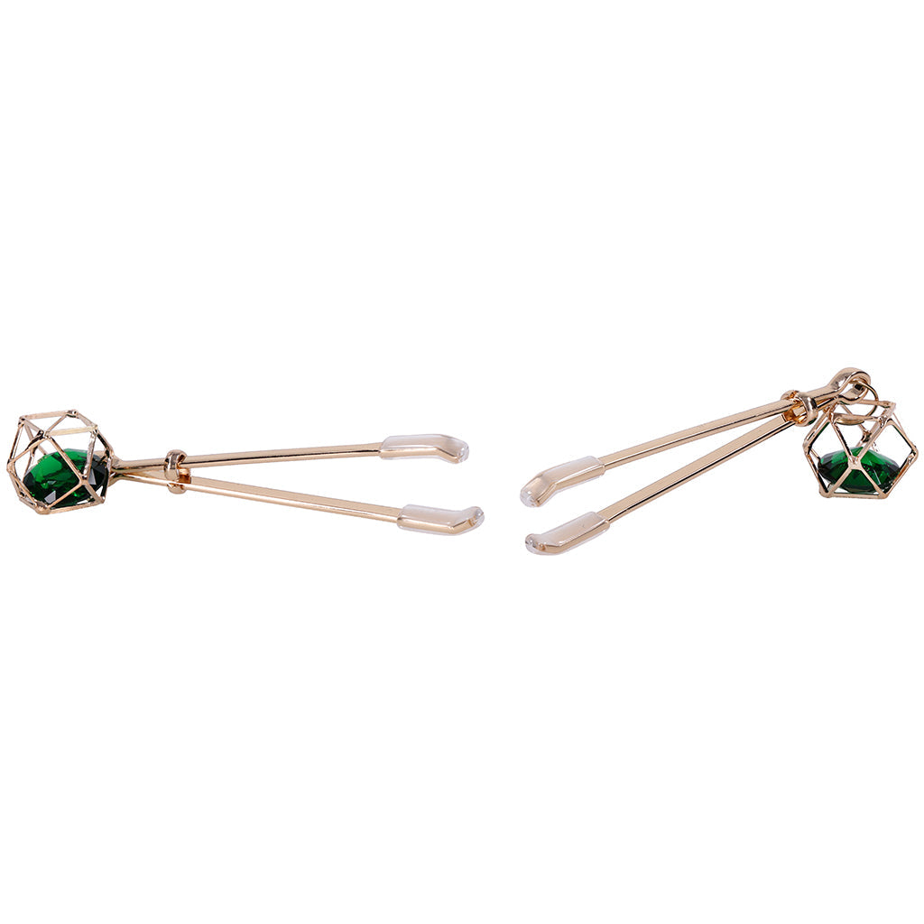 Indica Crystal Nipple Clips by Sex & Mischief - Adjustable Emerald & Gold Luxury