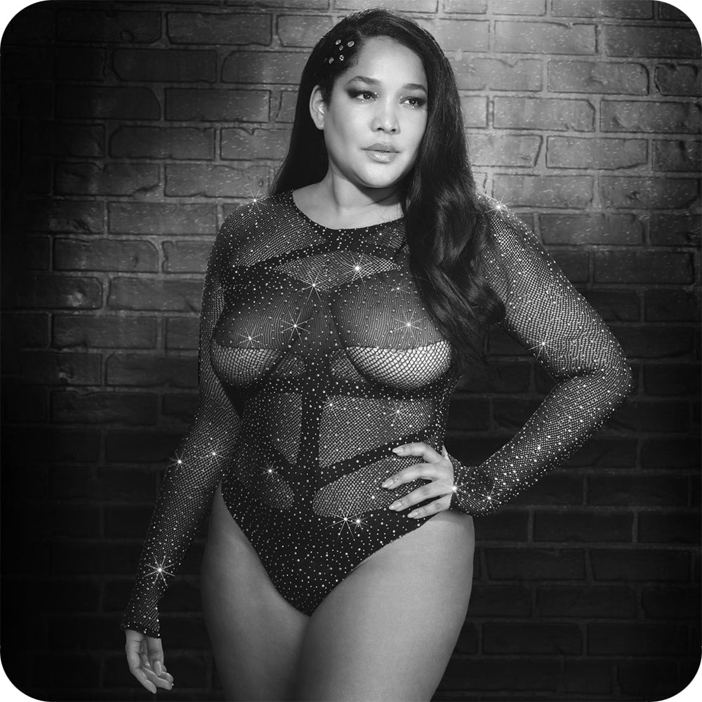 Radiance Allure: Black Glitter Long Sleeve Semi-Sheer Bodysuit
