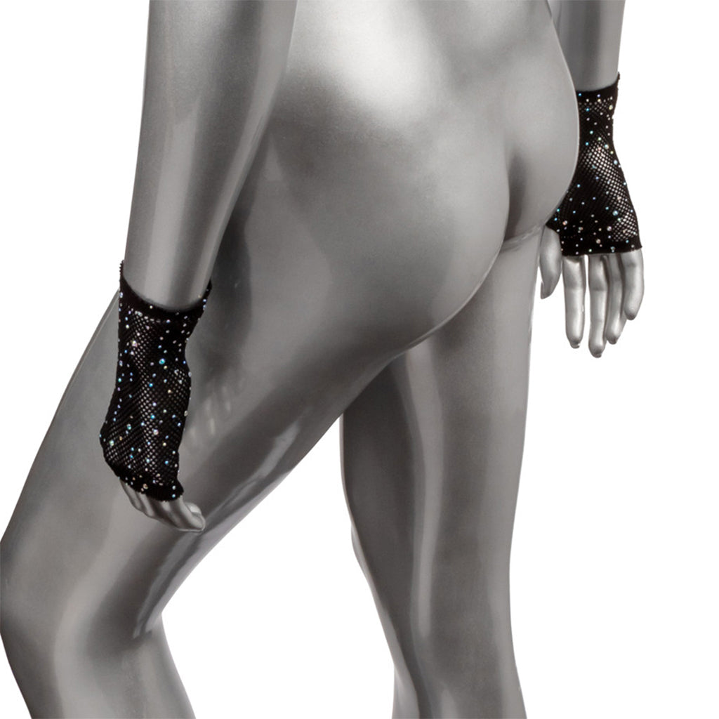 Radiance Noir Allure: Sparkling Fingerless Net Gloves with Rhinestones