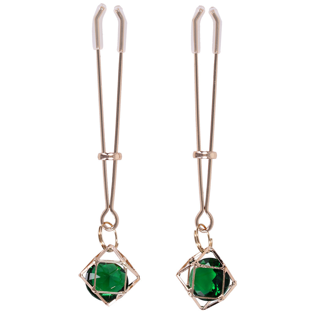 Indica Crystal Nipple Clips by Sex & Mischief - Adjustable Emerald & Gold Luxury