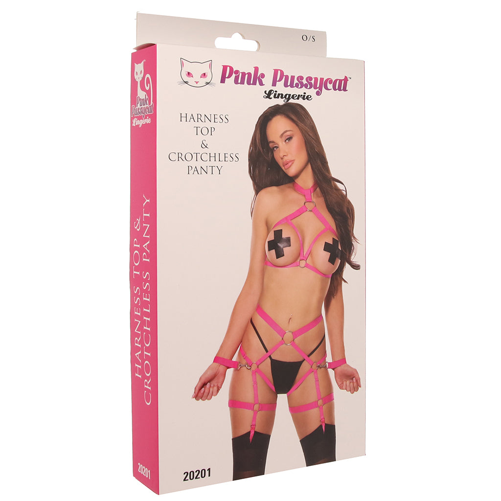 Pink Pussycat Harness Top & Crotchess Panties Set