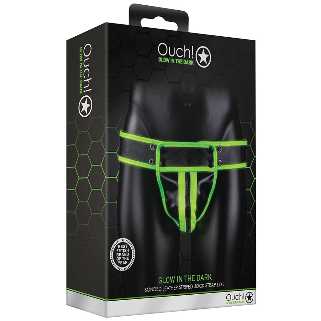 Ouch! L/XL Glow-in-the-Dark Striped Pouch Jockstrap - Vegan Leather Fetish Wear