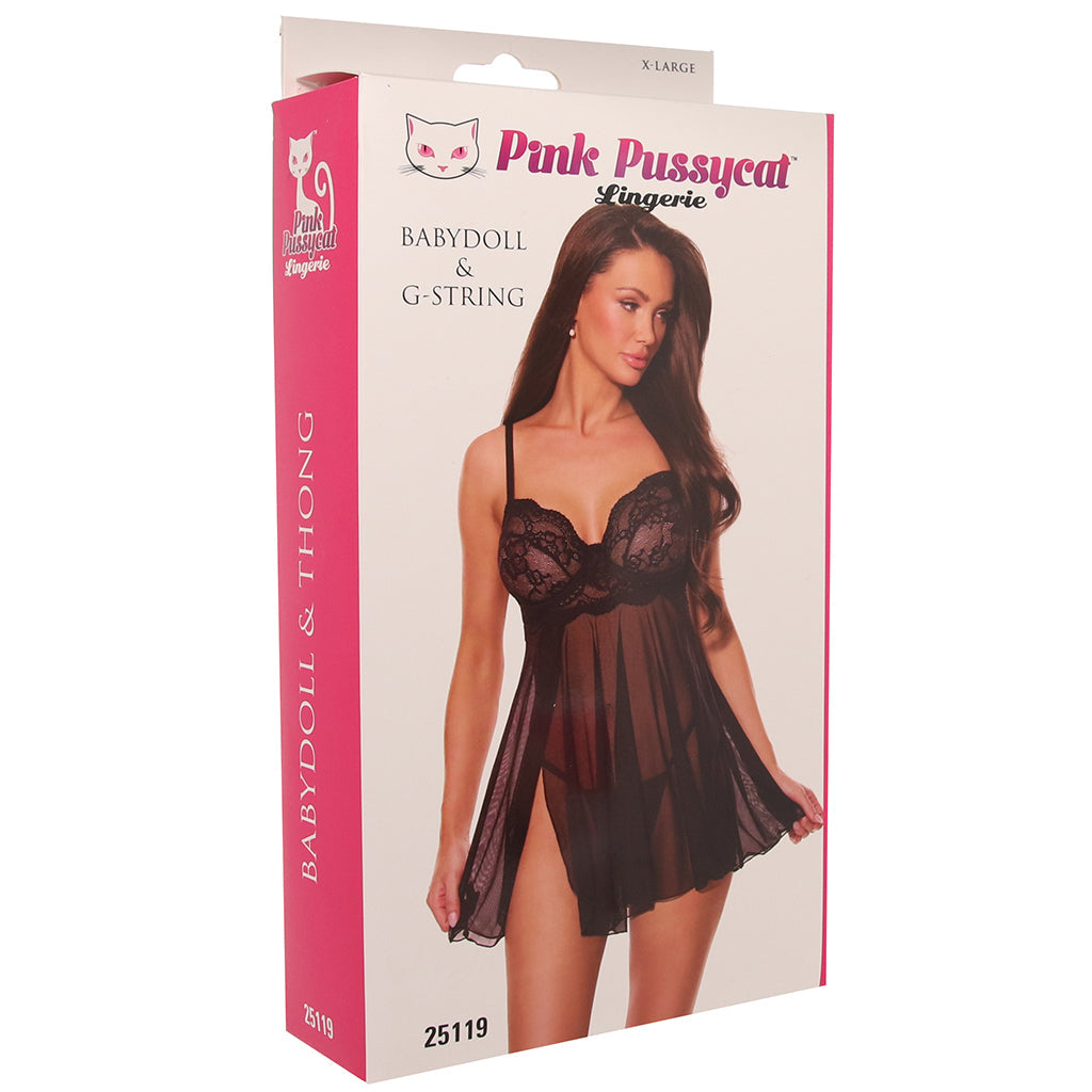Pink Pussycat Black Babydoll & G-String Lingerie Set | Sheer Mesh & Floral Lace Allure