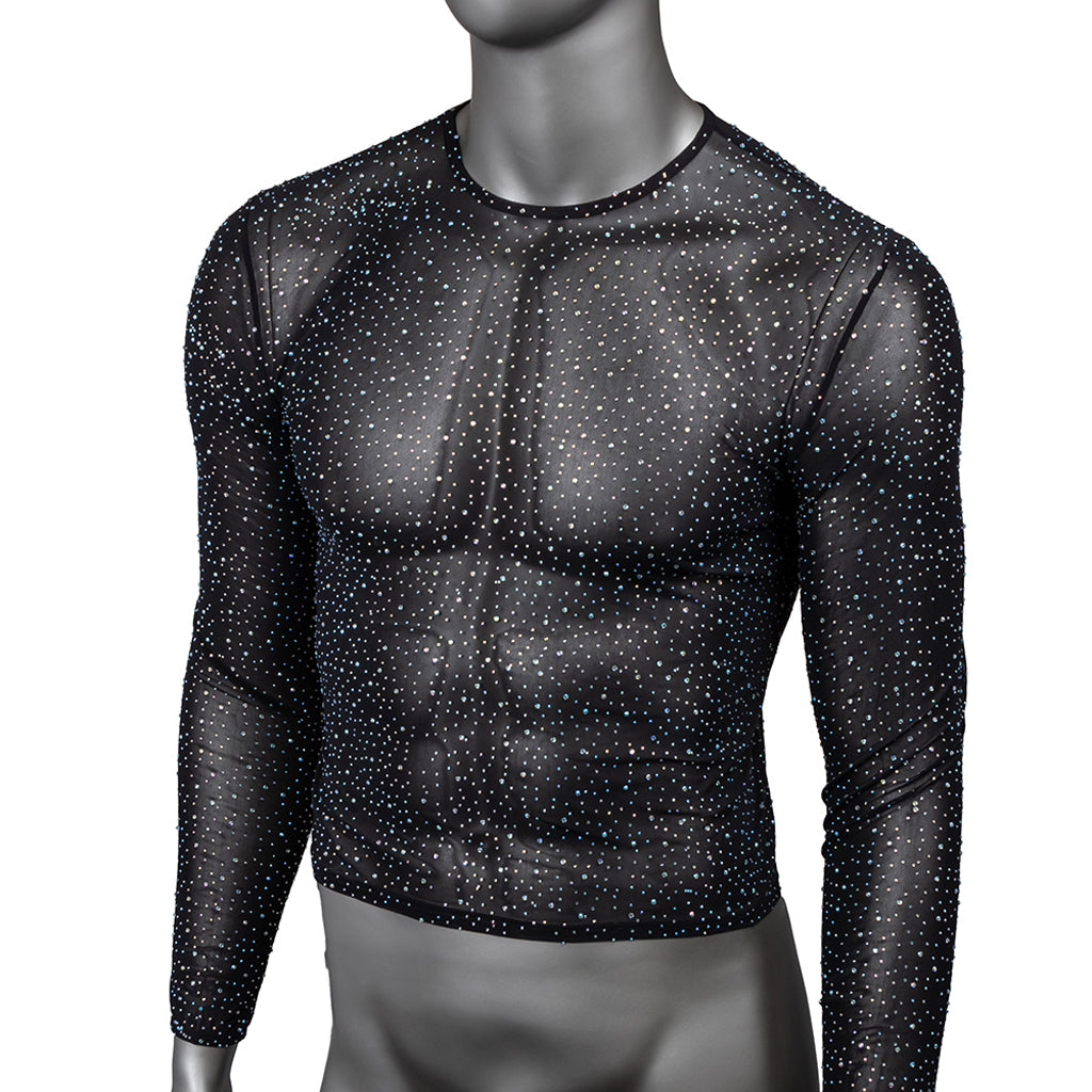 Radiance Men's Sheer Mesh Long Sleeve Shirt - Iridescent Rhinestone Luxury Fetishwear