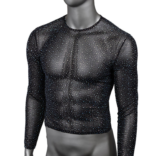 Radiance Men's Sheer Mesh Long Sleeve Shirt - Iridescent Rhinestone Luxury Fetishwear