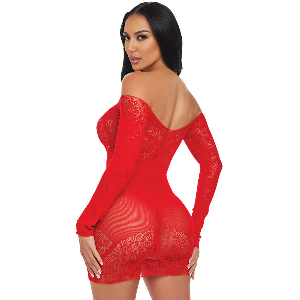 Scarlet Seduction: Luxurious Lace & Mesh Off-Shoulder Mini Dress