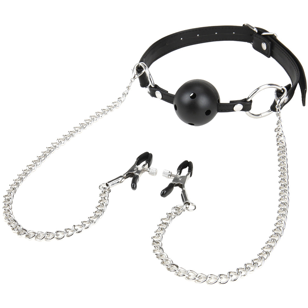 Lux Fetish | The Enthralling Breathable Ball Gag with Chained Nipple Clamps – Ultimate Sensory Dominance