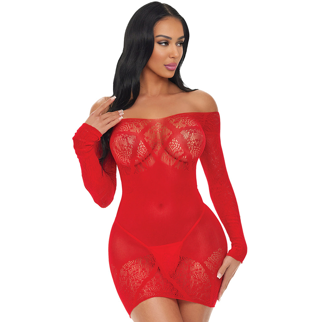 Scarlet Seduction: Luxurious Lace & Mesh Off-Shoulder Mini Dress