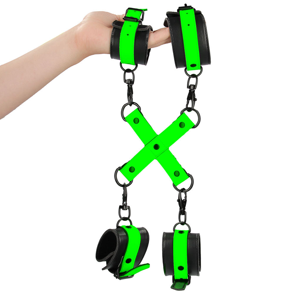 Ouch! Nocturnal Embrace: Glow-in-the-Dark Leather Cuffs & Hogtie Bondage Set