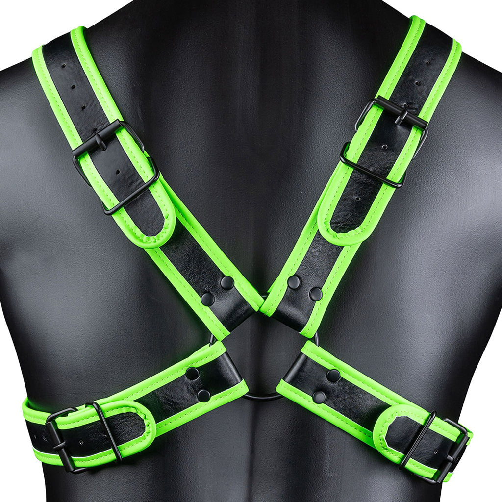 Ouch! Luminous Cross Harness - Glow In The Dark Vegan Leather Restraint - S/M