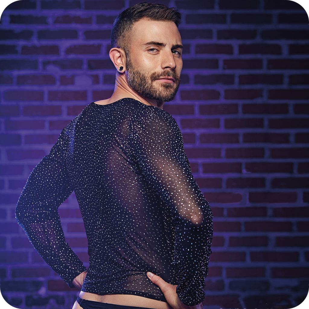 Radiance Men's Sheer Mesh Long Sleeve Shirt - Iridescent Rhinestone Luxury Fetishwear