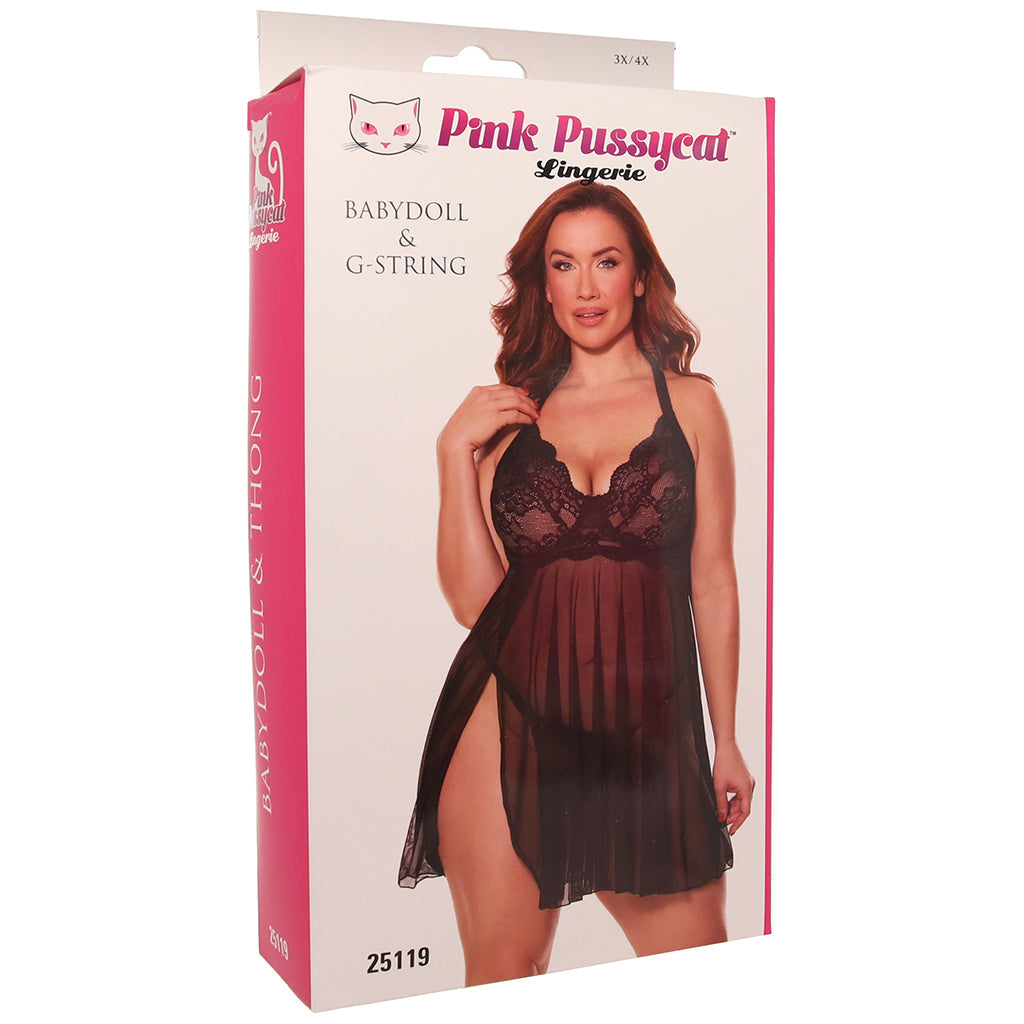 Pink Pussycat Allure: Black Mesh & Lace Babydoll Set with G-String | Plus Size 1X/2X