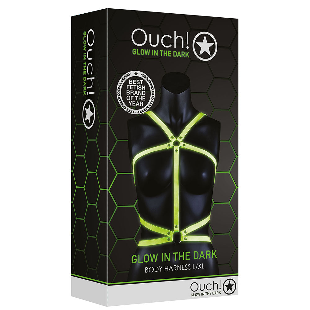 Ouch! Luminous XL Body Harness - Vegan Leather Glow-in-the-Dark Restraint