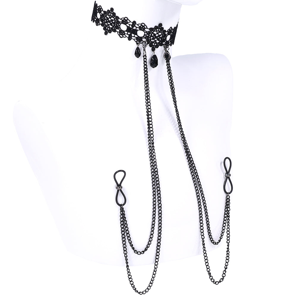 Sex & Mischief: Obsidian Lace Collar with Detachable Nipple Ties – Erotic Elegance