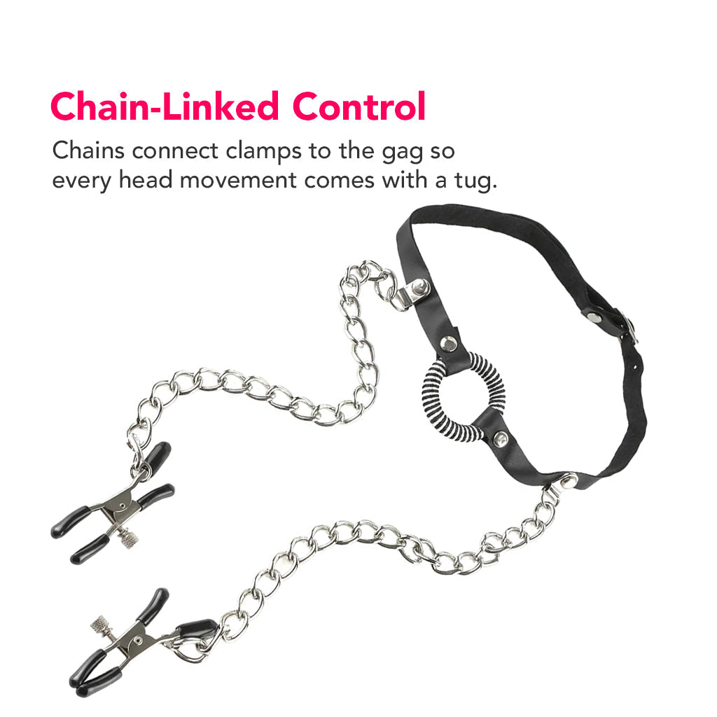 Fetish Fantasy: Luxurious Leather O-Ring Gag & Tension Nipple Clamps Bondage Set