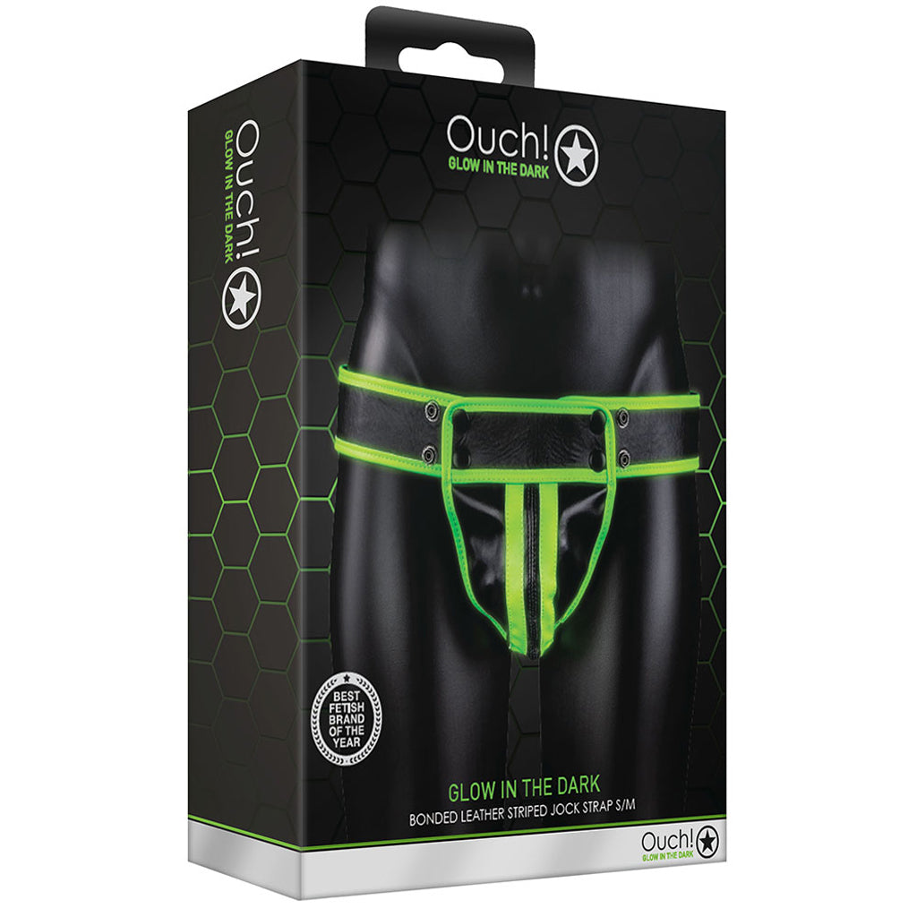 Ouch! Glow In The Dark Striped Vegan Leather Pouch Jock Strap S/M