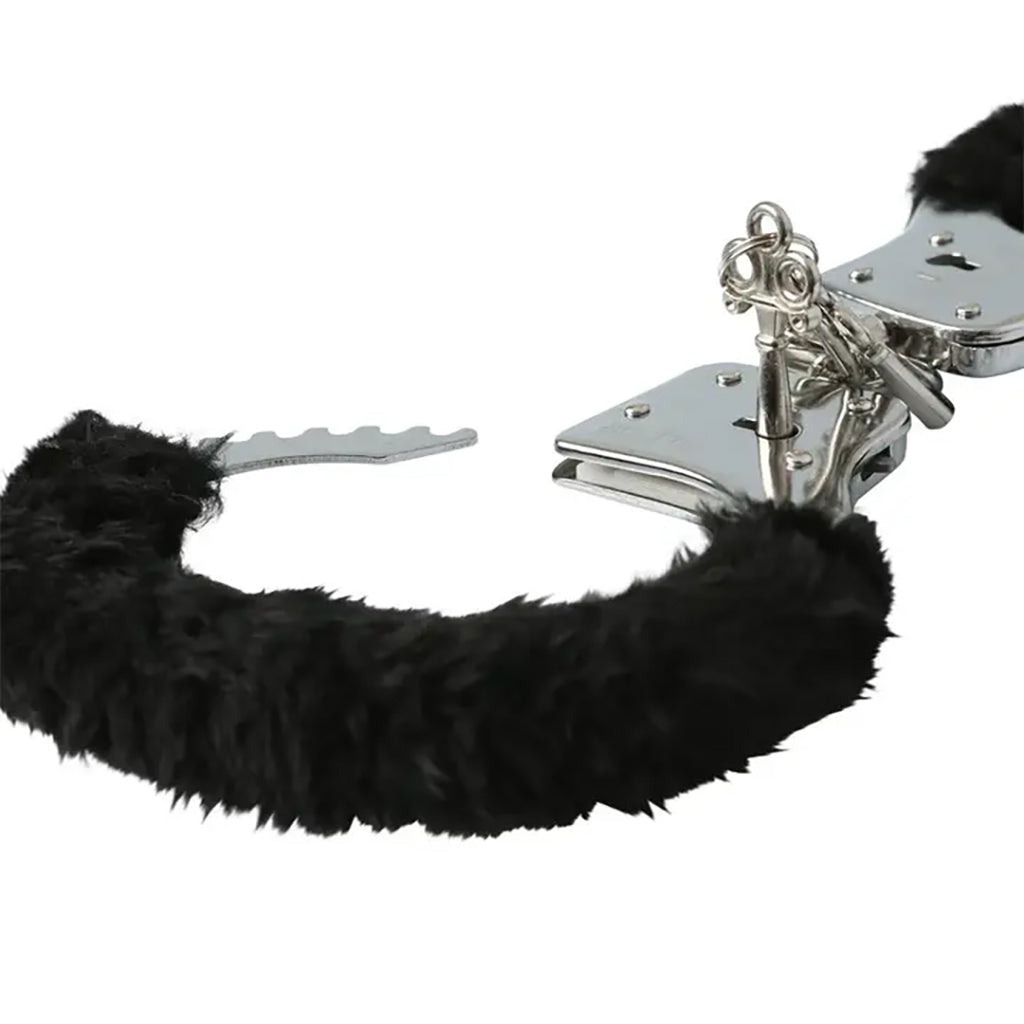 Sportsheets Black Furry Handcuffs: Luxurious Plush Restraints with Key Lock & Safety
