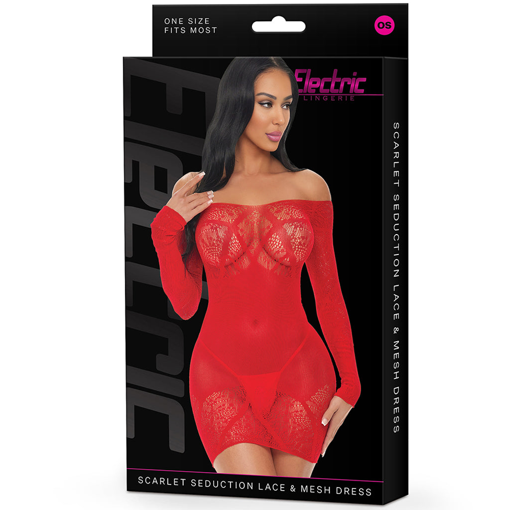 Scarlet Seduction: Luxurious Lace & Mesh Off-Shoulder Mini Dress
