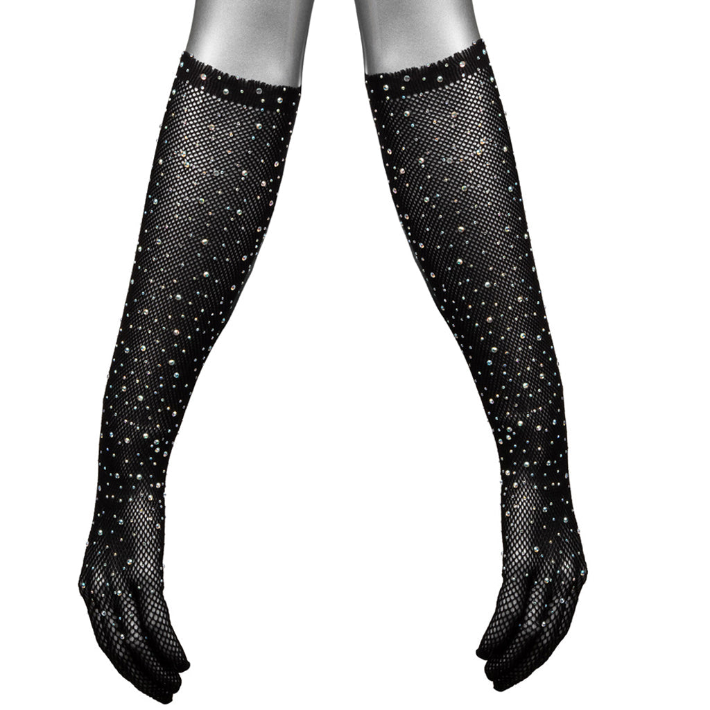 Embrace Allure: Radiance Full Length Black Net & Rhinestone Gloves