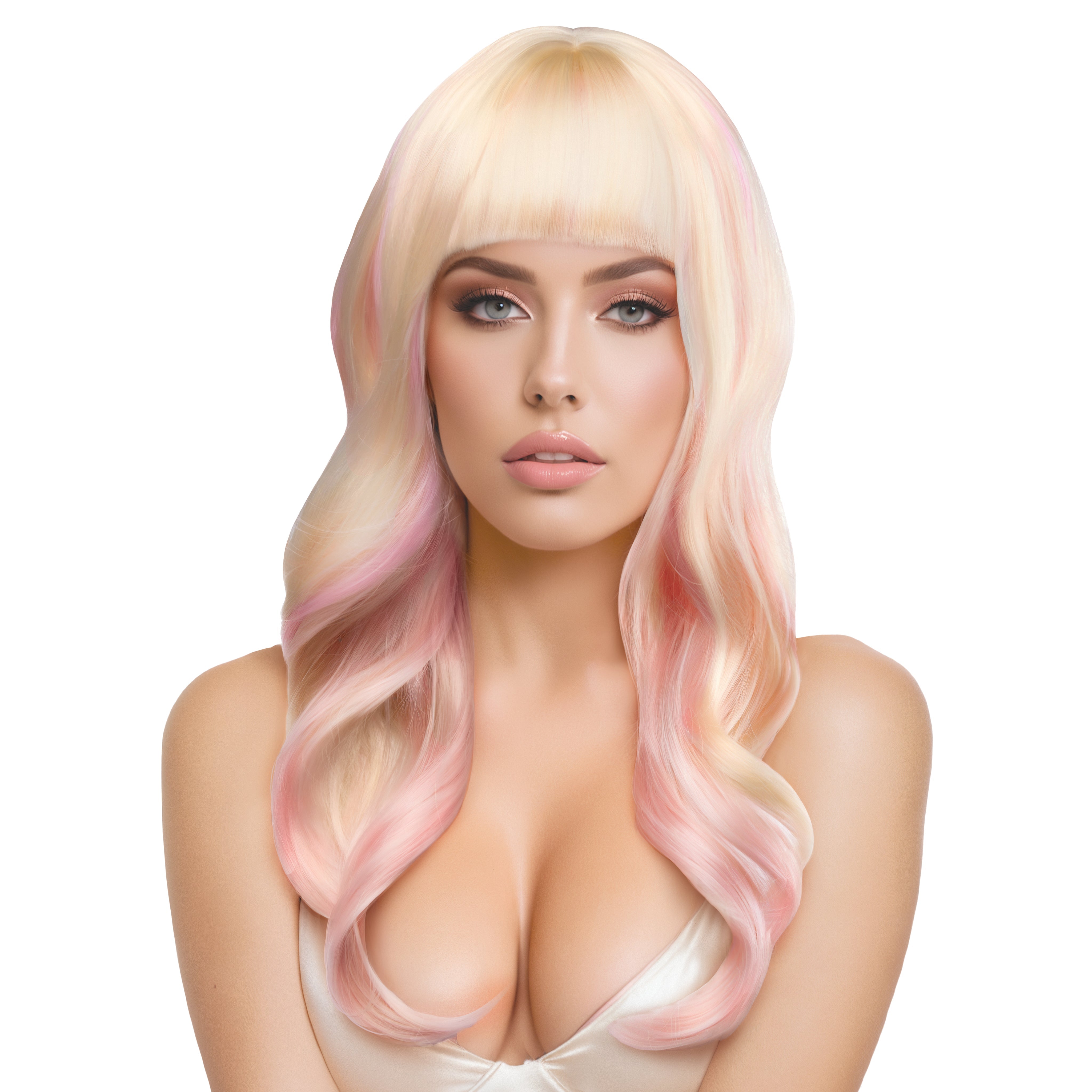 Nicki Wavy Wig with Bangs in Platinum Blonde & Pink