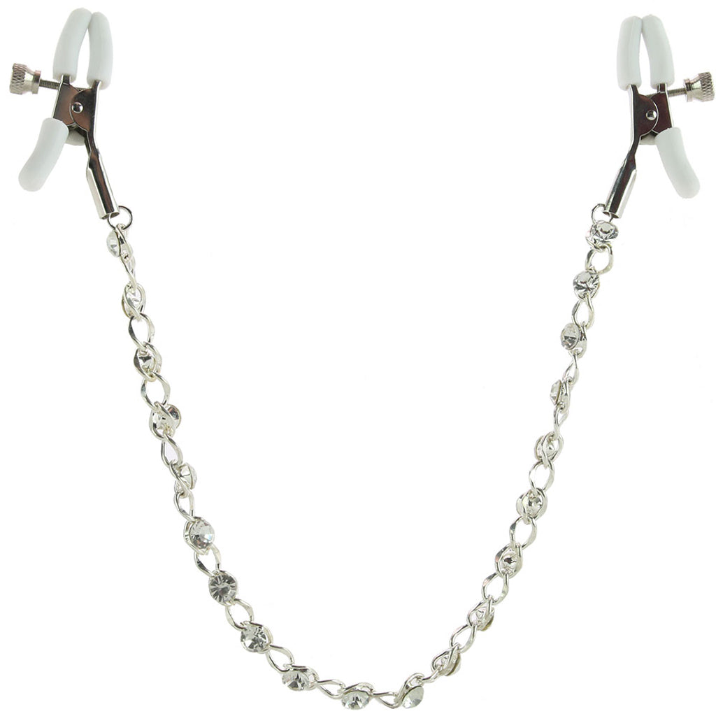 White Crystal Chain Nipple Clamps: Opulent Rhinestone Fetish Play for Intense Stimulation