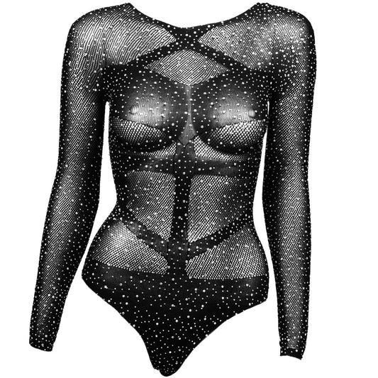 Radiance Allure: Black Glitter Long Sleeve Semi-Sheer Bodysuit