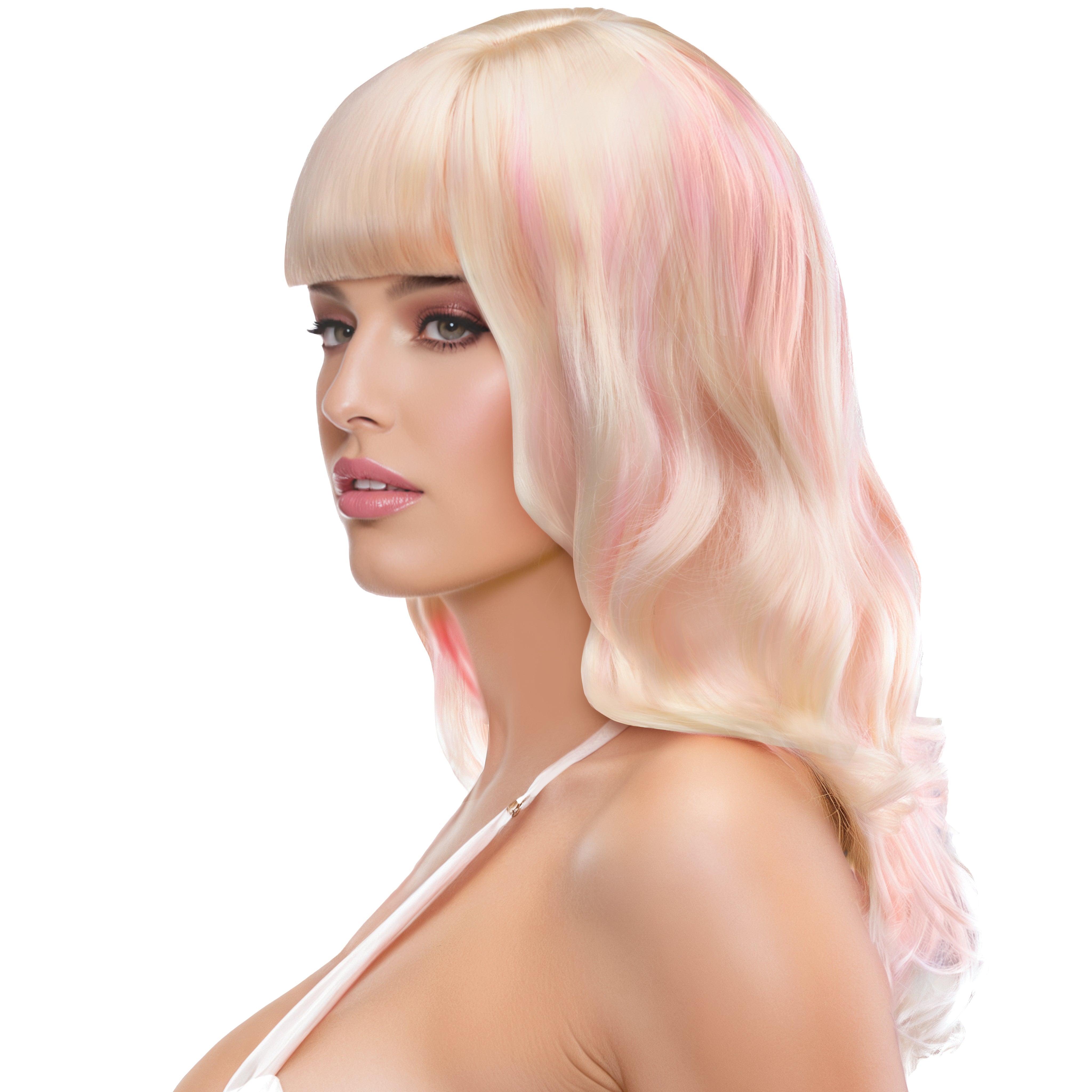 Nicki Wavy Wig with Bangs in Platinum Blonde & Pink