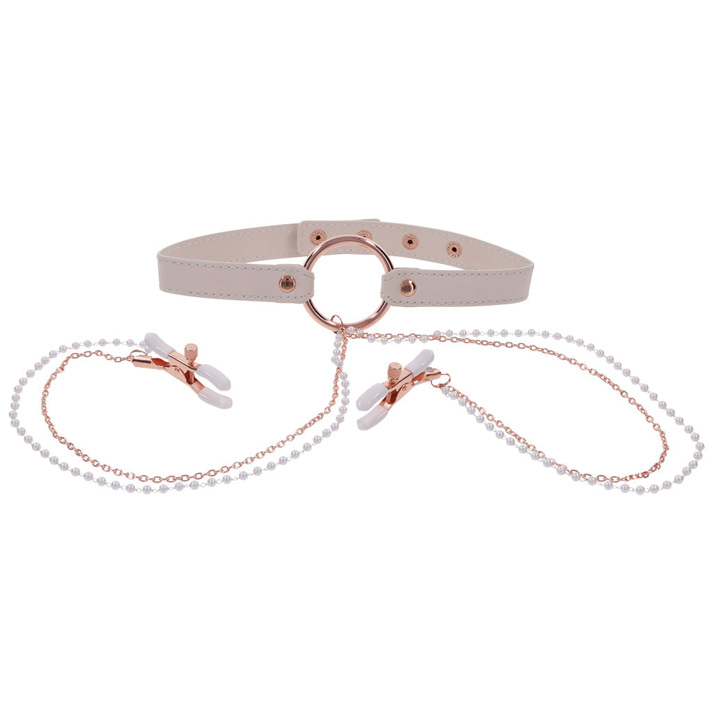 Seductive Peaches 'n CreaMe Vegan Leather Collar & Rose-Gold Nipple Clamps