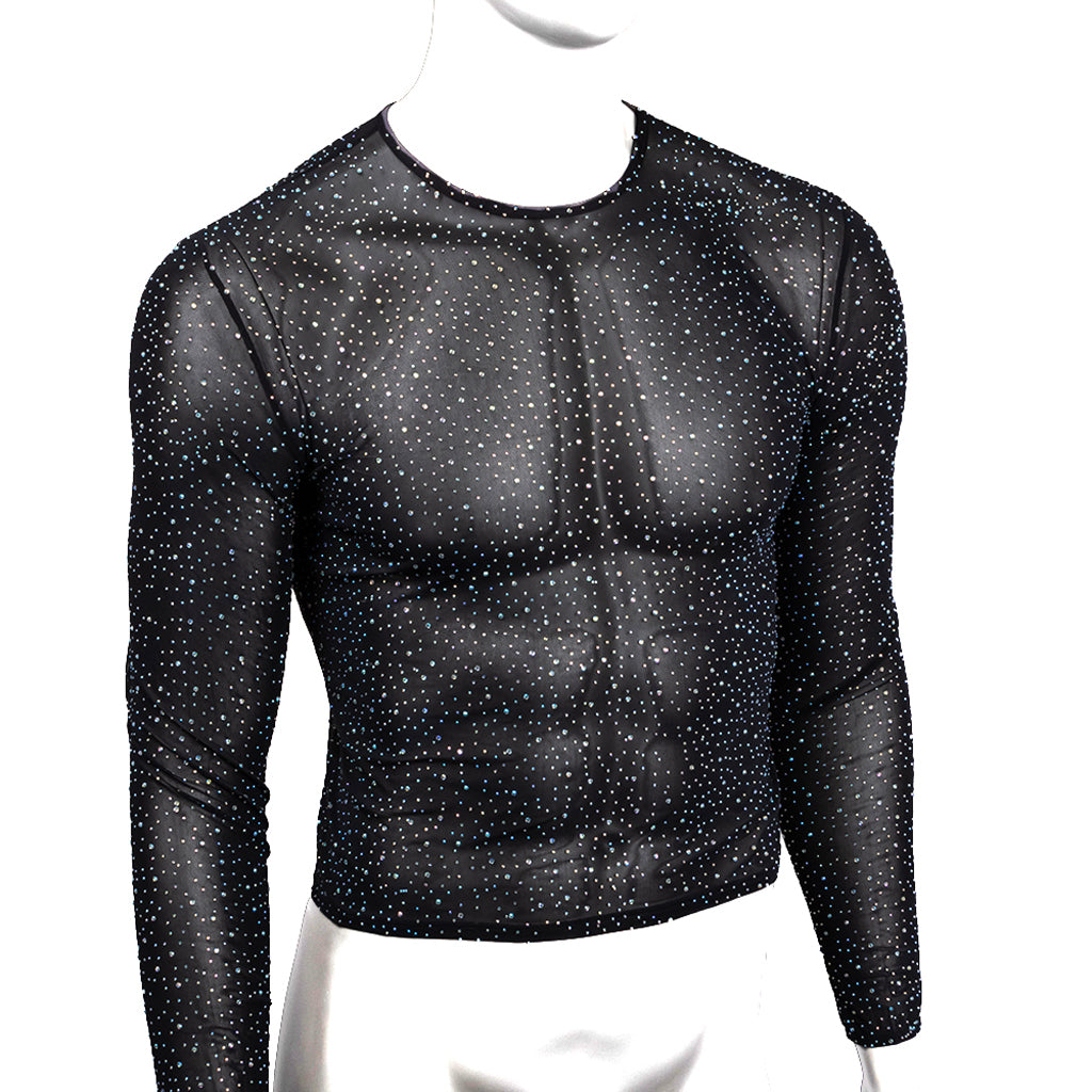 Radiance Men's Sheer Mesh Long Sleeve Shirt - Iridescent Rhinestone Luxury Fetishwear