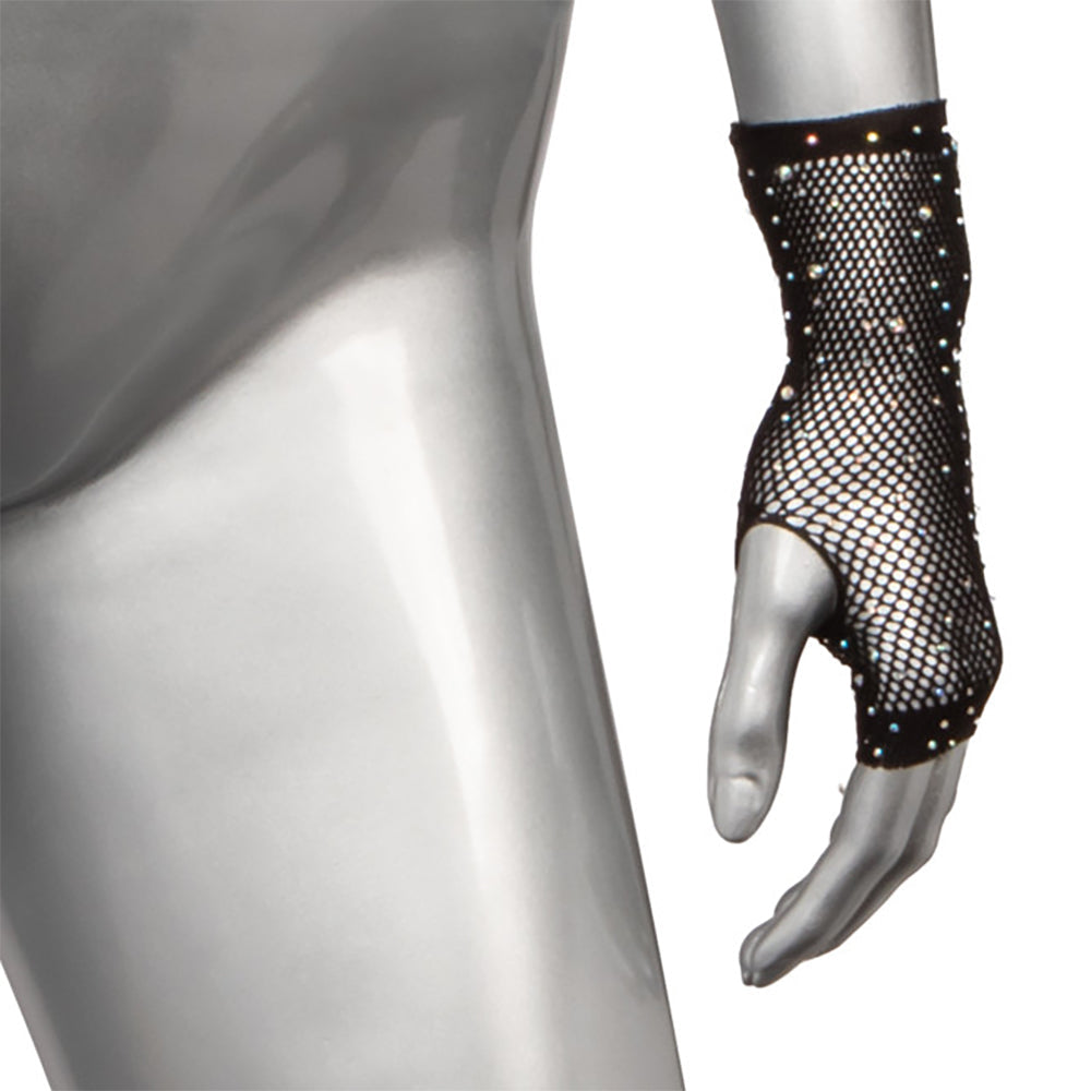Radiance Noir Allure: Sparkling Fingerless Net Gloves with Rhinestones