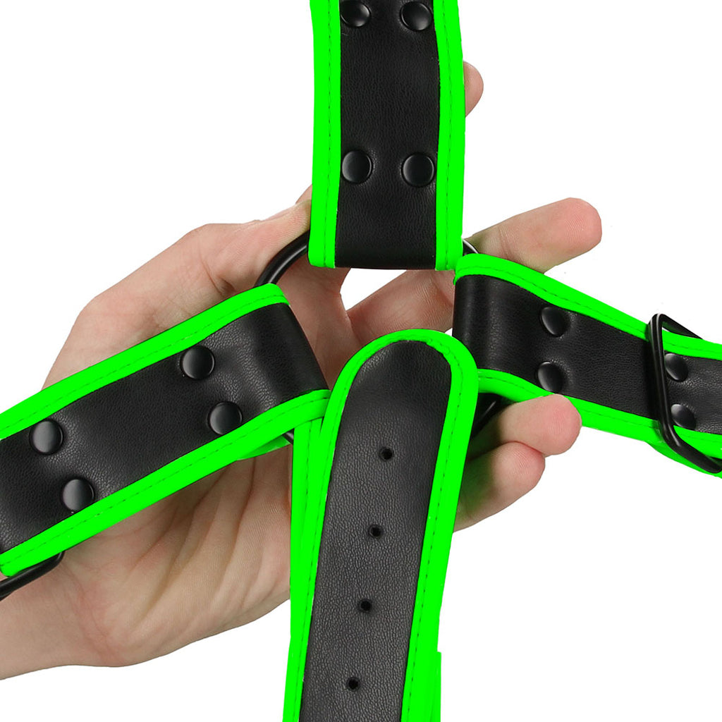 Ouch! Luminous Cross Harness - Glow In The Dark Vegan Leather Restraint - S/M