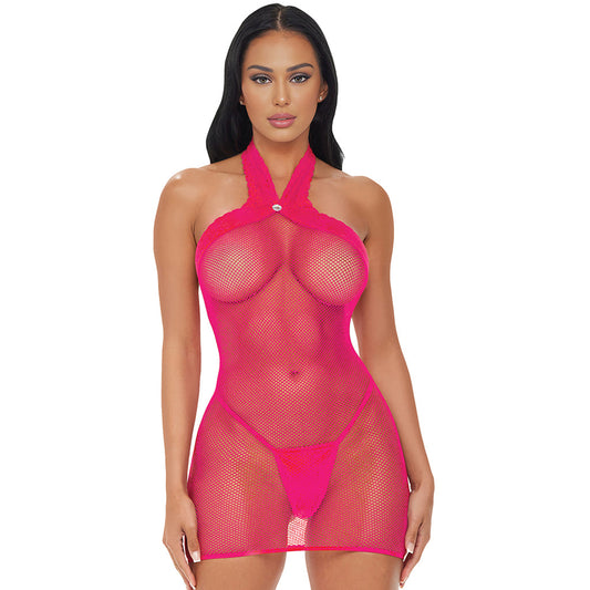 Electric Pink Halter Mini Dress | Seductive Lace Lingerie by Electric Eel
