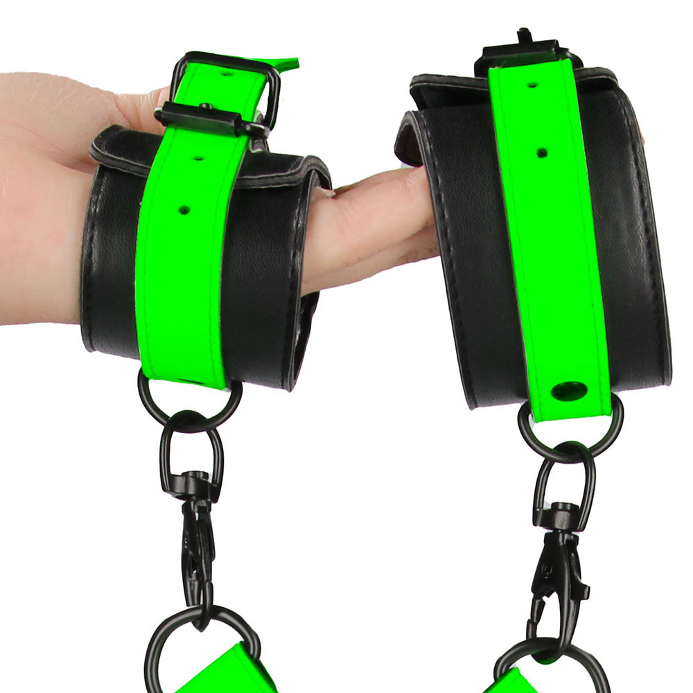 Ouch! Nocturnal Embrace: Glow-in-the-Dark Leather Cuffs & Hogtie Bondage Set