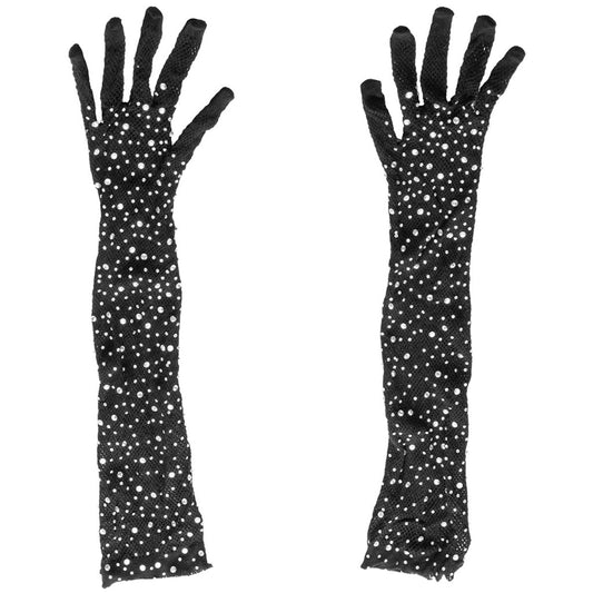 Embrace Allure: Radiance Full Length Black Net & Rhinestone Gloves